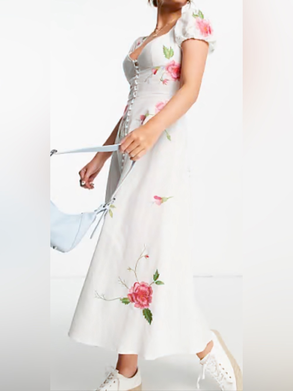 ASOS DESIGN linen sweetheart button tea dress with all over embroidery 6